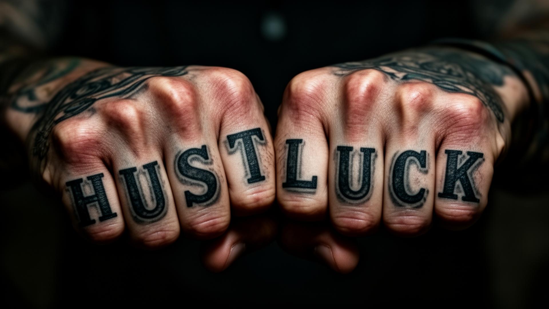 HUSTLE LUCK knuckles tattoo